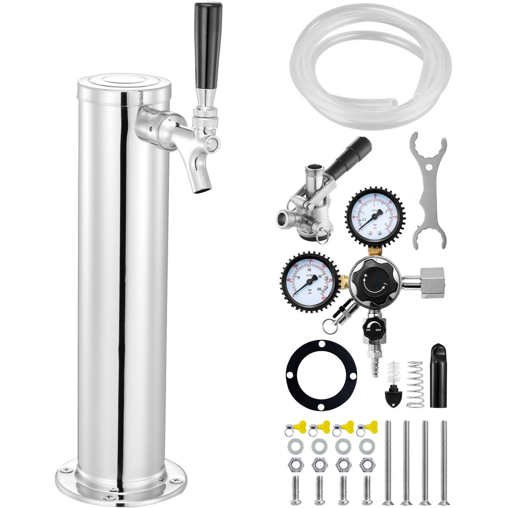 Kegerator Tower Kit, Single Tap Beer Conversion Kit, Stainless Steel Keg Beer Tower Dispenser with Dual Gauge CGA320 Regulator & D-System Keg Coupler, Self-Closing Spring for Party Bar Home
