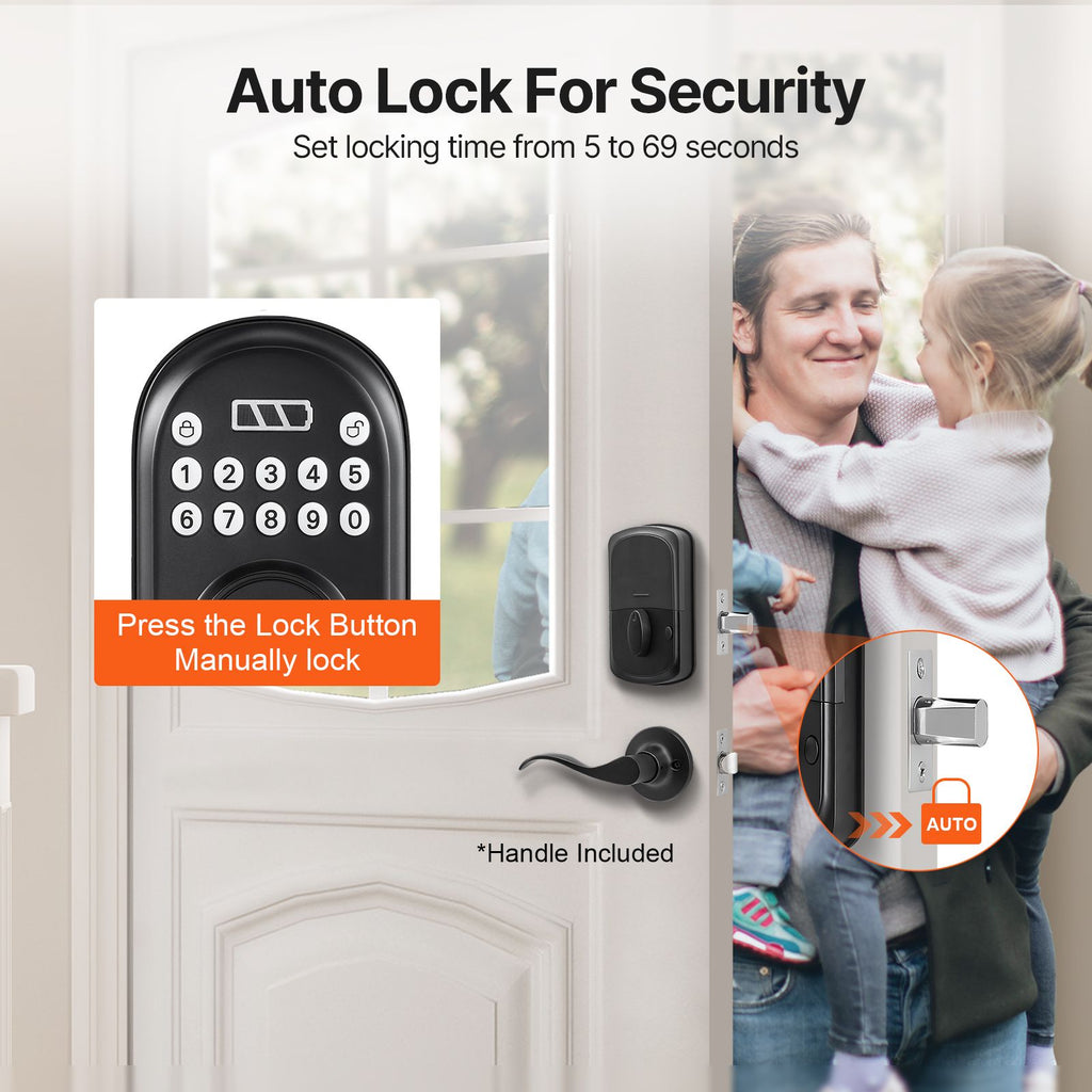Keyless Entry Door Lock with Handle, Electronic Keypad Entry Lever, Password and Key Unlock Combination, Auto-Locking Keypad with Deadbolt, One-time Password, for Front Door, Matte Black image 2