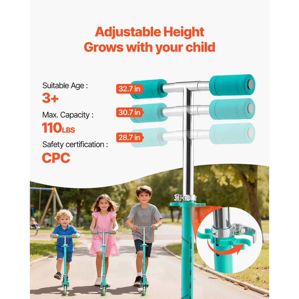 Kick Scooter for Kids Ages 3+, 2-Wheel Toddler Scooter with Light-Up Wheels, Adjustable Height Handlebar, Wide Anti-Slip Deck, Foldable Lightweight Frame for Boys & Girls up to 110 lbs, Green image 2