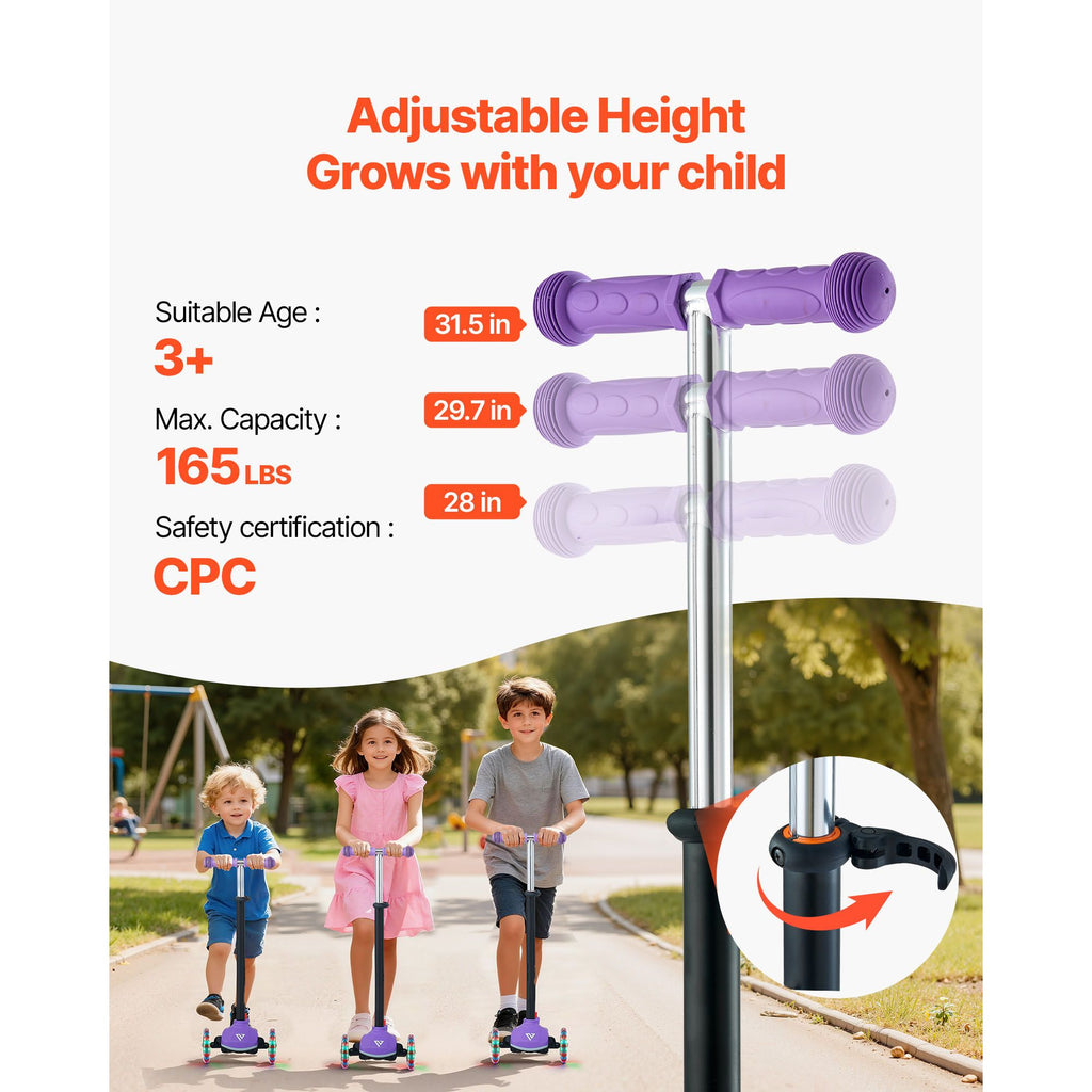 Kick Scooter for Kids Ages 3+, 3-Wheel Toddler Scooter with Light-Up Wheels, Adjustable Height Handlebar, Wide Anti-Slip Deck, Lightweight Aluminum Frame for Boys & Girls up to 165 lbs, Purple