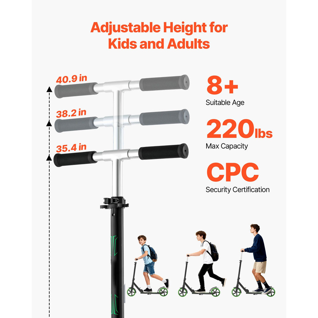 Kick Scooter for Kids Ages 8+, Teens & Adults, 2-Wheel Toddler Scooter with Adjustable Height Handlebar, Wide Anti-Slip Deck, Foldable Lightweight for Boys & Girls up to 220 lbs, Black + Green image 2