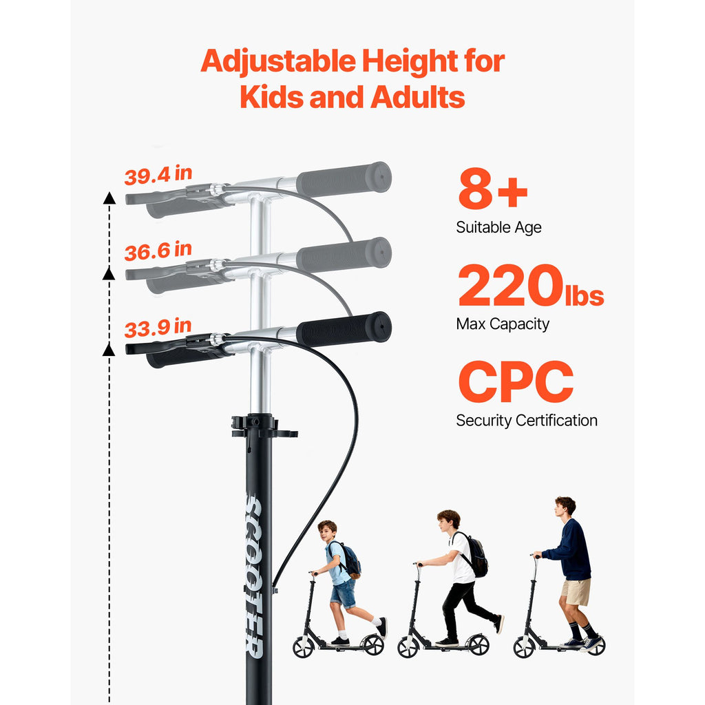 Kick Scooter for Kids Ages 8+, Teens & Adults, 2-Wheel Toddler Scooter with Adjustable Height Handlebar, Wide Anti-Slip Deck, Foldable Lightweight for Boys & Girls up to 220 lbs, Black + Silver image 2