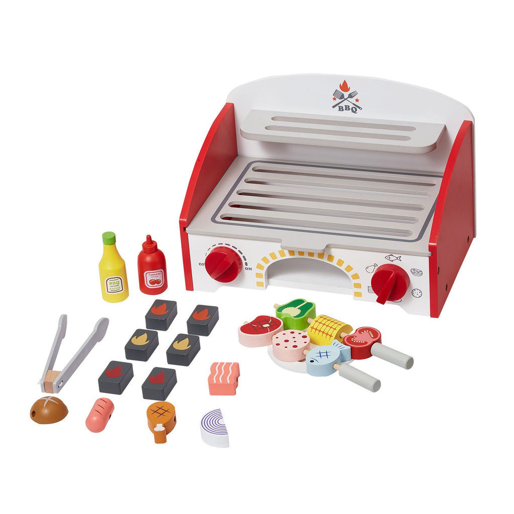 Kids BBQ Grill Playset, Wooden Grill Playset With Realistic Carbon Fire, Wooden Play Food Kitchen Accessory (26 PCS), Indoor/Outdoor Interactive Pretend Play Toys for Boys Girls Ages 3+ Gift