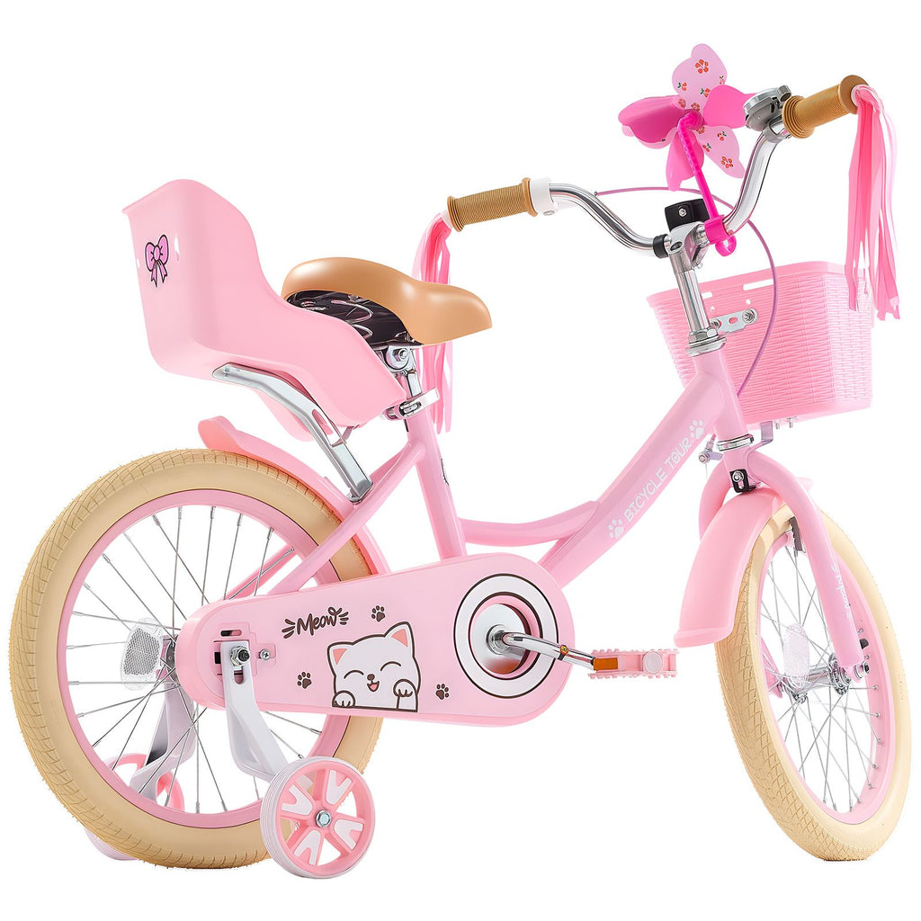 Kids Bike, 16 Inches Princess Style Children Bicycle with Streamers & Basket, Rider Height 3.28 ft - 4.27 ft, Doll Seat & Training Wheels Included, Toddler Bike for Girls Learning to Ride, Pink