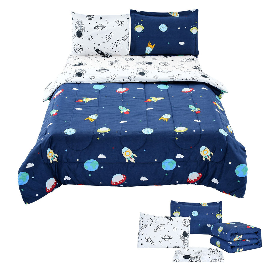 Kids Comforter Set, 5 Pieces, Twin Bedding Sets with 1 Comforter, 1 Flat Sheet, 1 Fitted Sheet, 2 Pillowcases, Soft Microfiber & Space Printed, Bedding Comforter Sets for Boys Girls Teen