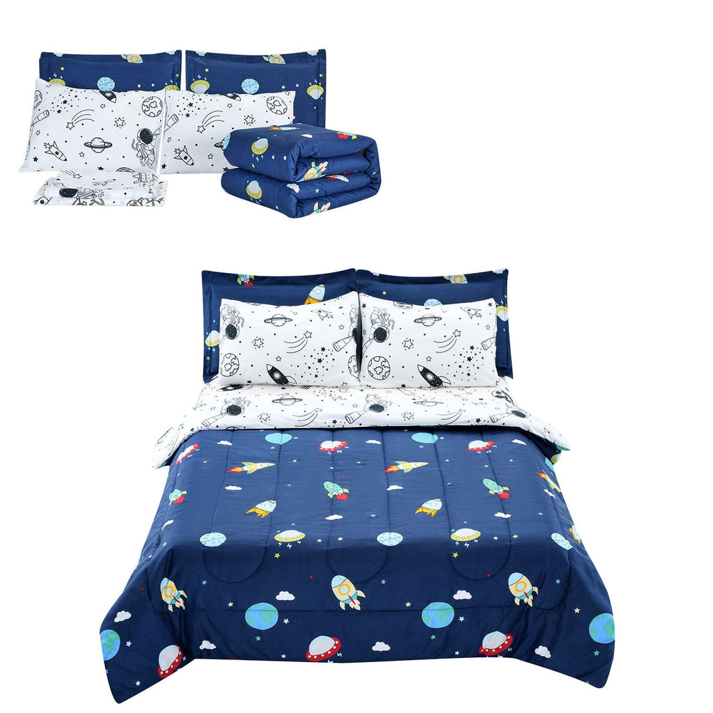 Kids Comforter Set, 7 Pieces, Twin Bedding Sets with 1 Comforter, 1 Flat Sheet, 1 Fitted Sheet, 4 Pillowcases, Soft Microfiber & Space Printed, Bedding Comforter Sets for Boys Girls Teen