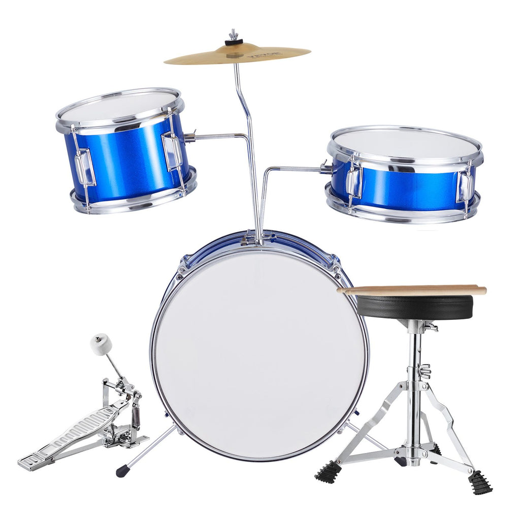 Kids Drum Set, 3-Piece, 14 in Beginner Drum Set with Adjustable Throne Cymbal Pedal Two Pairs of Drumsticks, 8'' Tom Drum 10'' Snare Drum 14'' Bass Drum, Starter Drum Kit for Child Kids, Blue