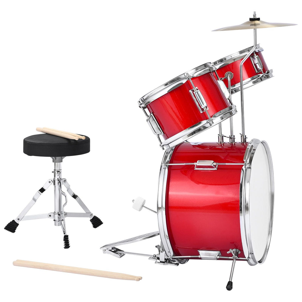 Kids Drum Set, 3-Piece 14 in Junior Drum Sets, Beginner Drums Set with Adjustable Throne, Cymbal & Two Pairs of Drumsticks, Musical Learning Drums Instruments Kit, for Children Ages 6-13 (Red)
