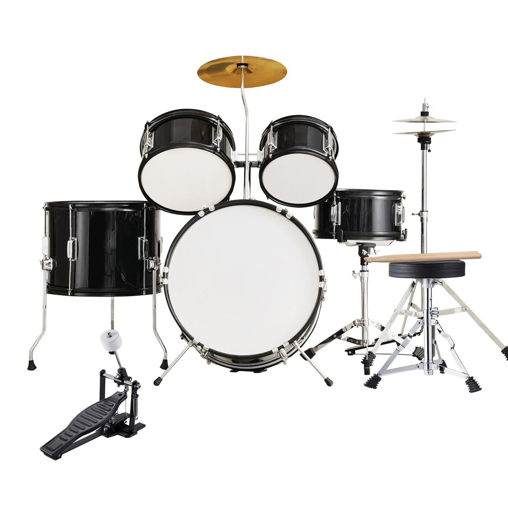 Kids Drum Set, 5-Piece, 16 in Beginner Full Drum Set with Bass Toms Snare Floor Drum Adjustable Throne Cymbal Hi-Hat Pedal and Two Pairs of Drumsticks, Starter Drum Kit for Child Kids, Black