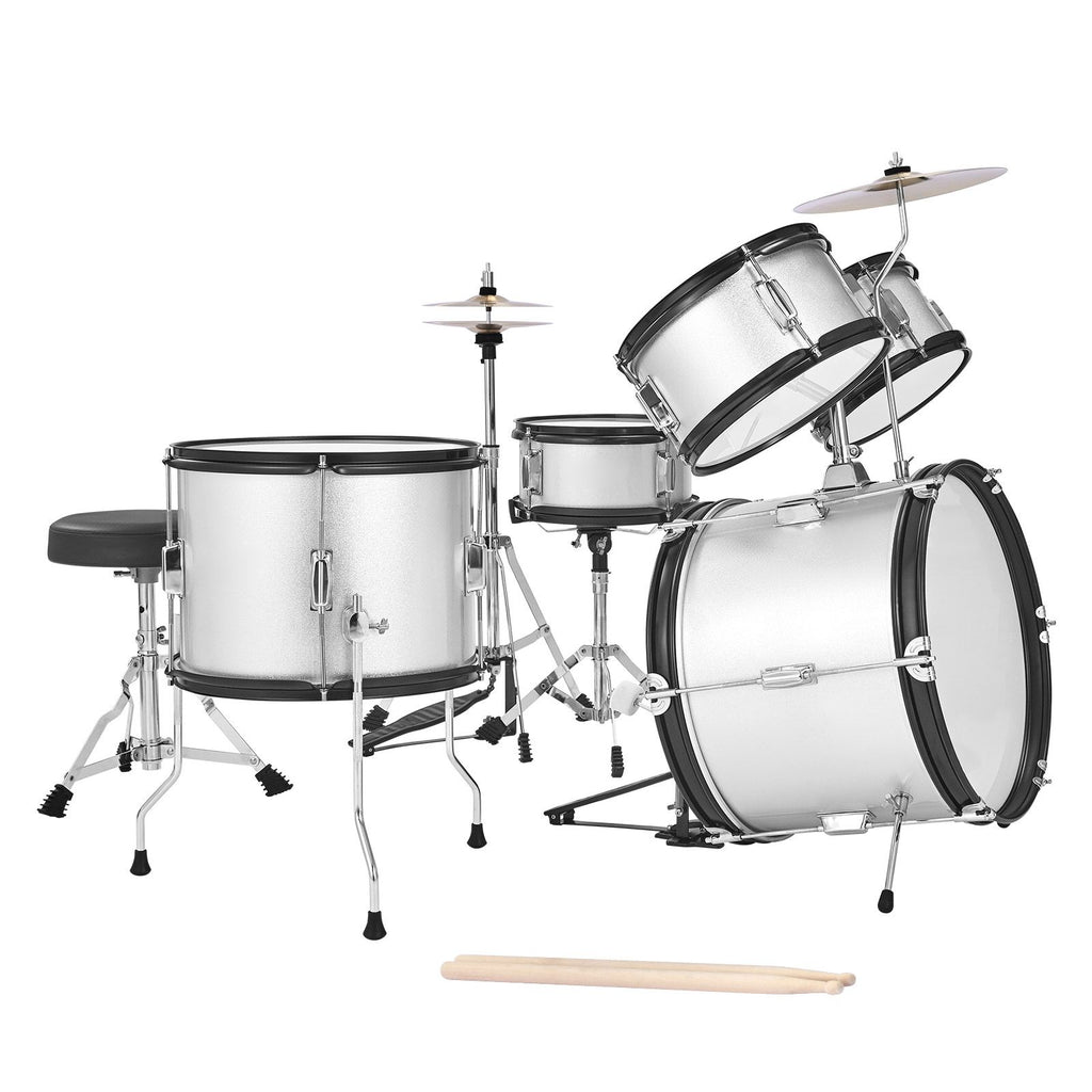 Kids Drum Set, 5-Piece 16 in Junior Drum Sets, Beginner Drums Set with Adjustable Throne, Cymbal & Two Pairs of Drumsticks, Musical Learning Drums Instrument Kit, for Children Ages 6-13(Silver)