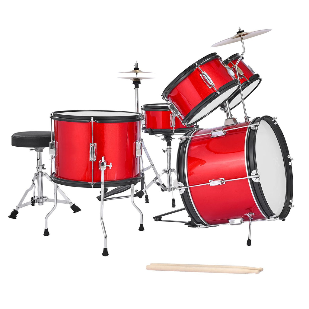 Kids Drum Set, 5-Piece 16 in Junior Drum Sets, Beginner Drums Set with Adjustable Throne, Cymbal & Two Pairs of Drumsticks, Musical Learning Drums Instruments Kit, for Children Ages 6-13 (Red)