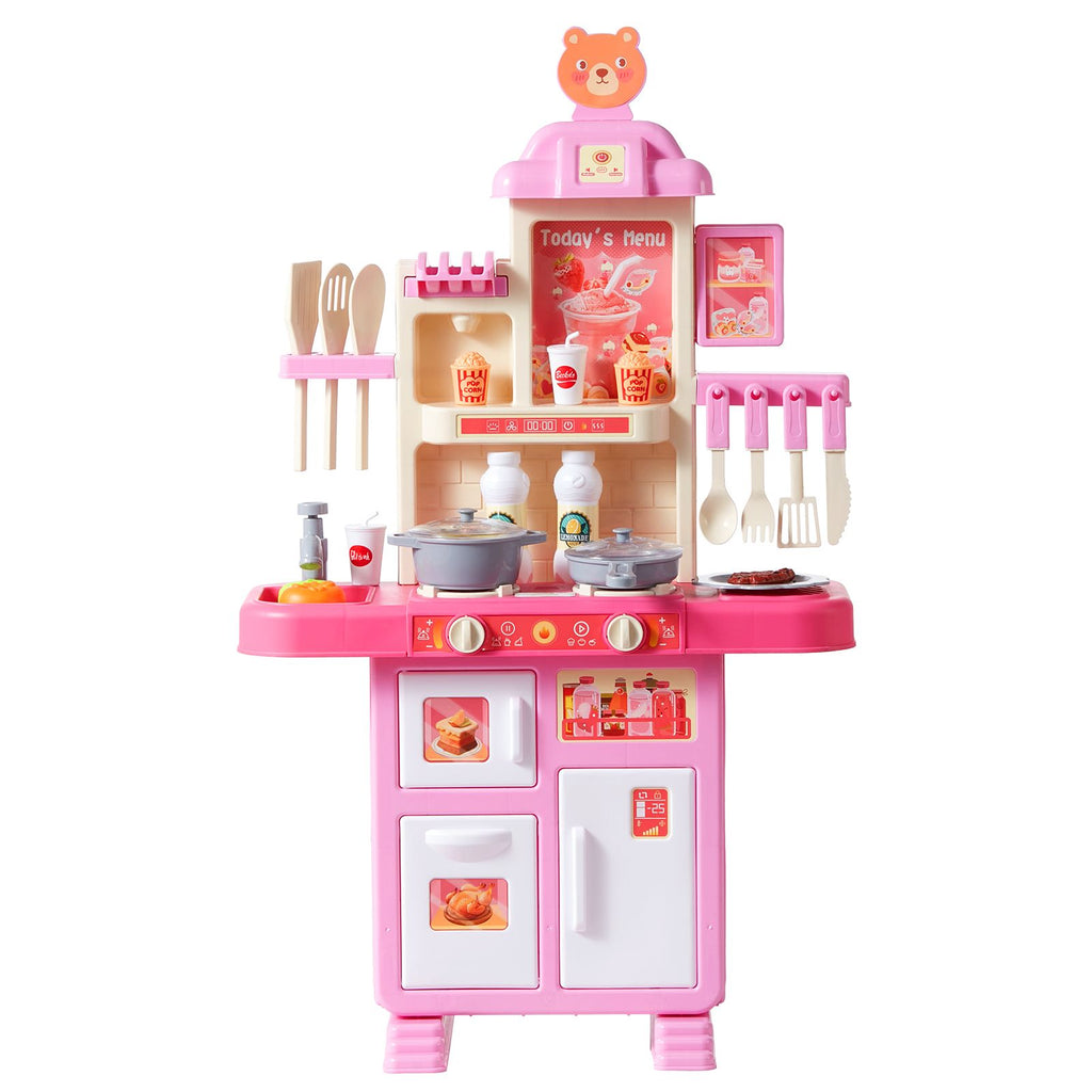 Kids Kitchen Playset, Toddler Kitchen with Cooking Stove with Steam, Sounds and Lights, Play Kitchen Set with 48 PCS Cooking Accessory Set for Toddlers, Preschoolers, Children Ages 3-5, Pink