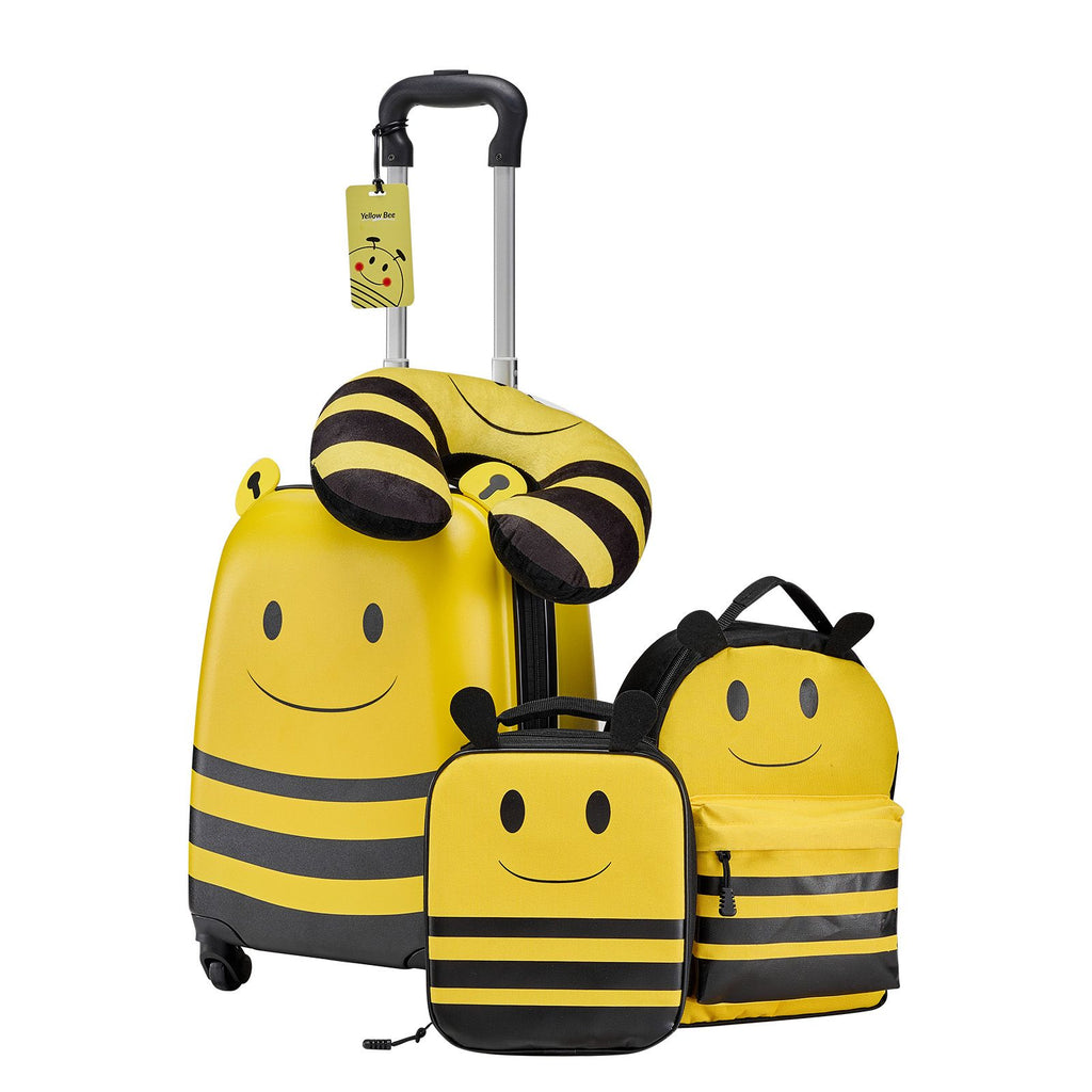Kids Luggage Set, 5 Piece, 18 Inch Hardside Rolling Wheels Suitcase with Backpack & U-shape Pillow, Bee Kids Carry on Luggage Set, Holiday Birthday Gift for Girls Boys, Airline Approved