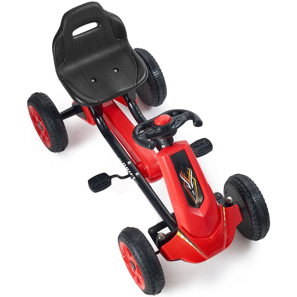 Kids Pedal Go Kart, 4 Wheel Off-Road Pedal Go Cart Ride On Toy for Kids, Steering Wheel, Adjustable Seat, Non-slip Big Wheels, Outdoor Racer Ride On Pedal Car for Boys & Girls Ages 3-8, Red