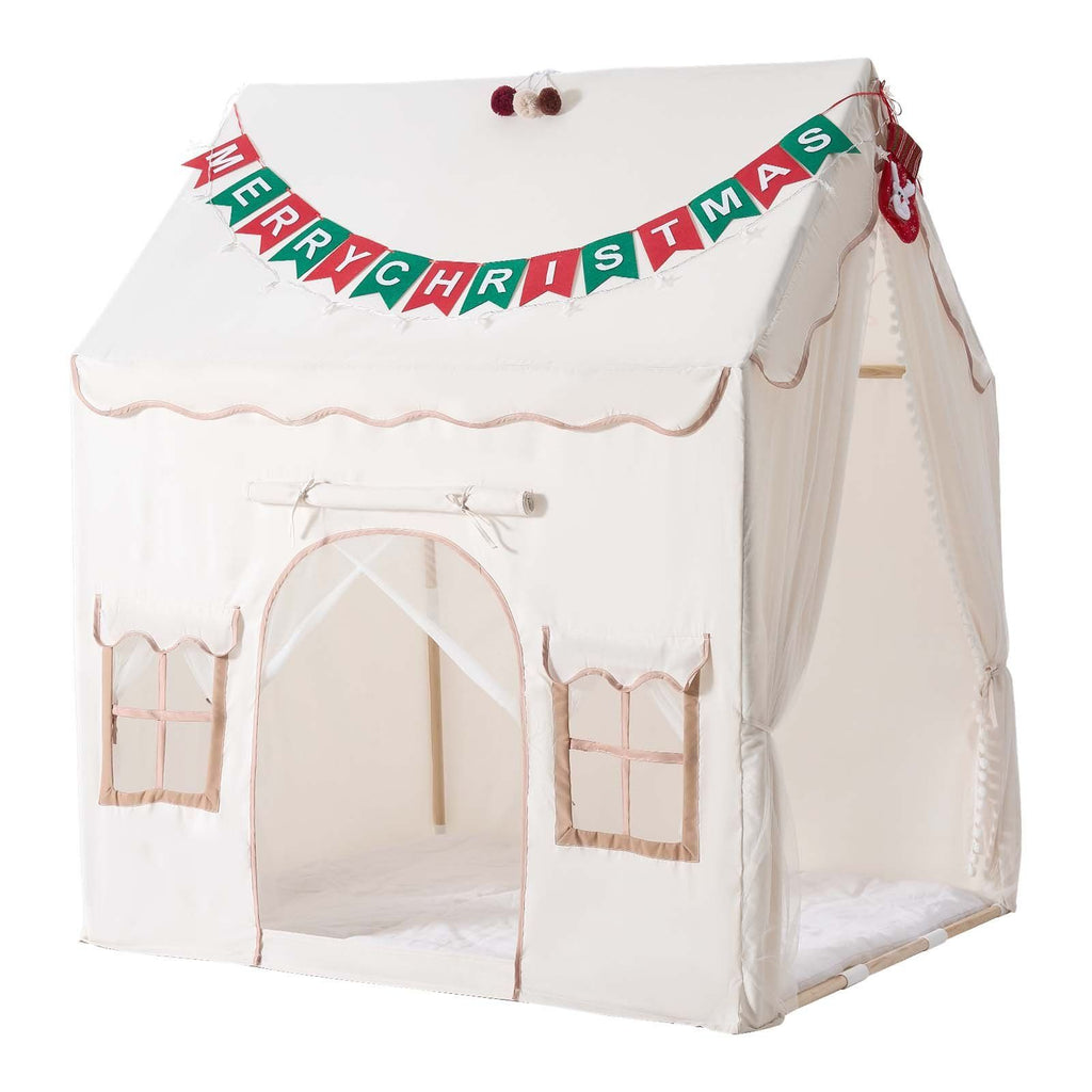 Kids Play Tent 2 in 1 Wood Frame Toddler Tent with Padded Mat Beige, for Girls Boys Birthday Play, Indoor & Outdoor Playhouse, Cozy Reading Corner, with Stars Lights, Pompoms, Breathable Window