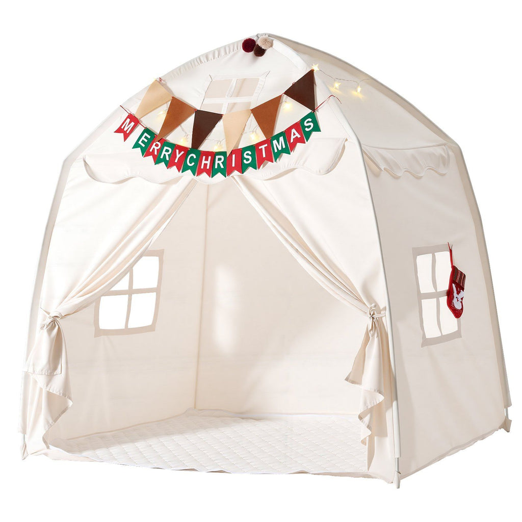 Kids Play Tent Fiberglass Frame Playhouse for Kids Padded Mat Beige, for Toddlers Girls Boys, Indoor & Outdoor, Reading Nook Nap Bed Tent, with Stars Lights, Carry Bag, Flag, Breathable Window