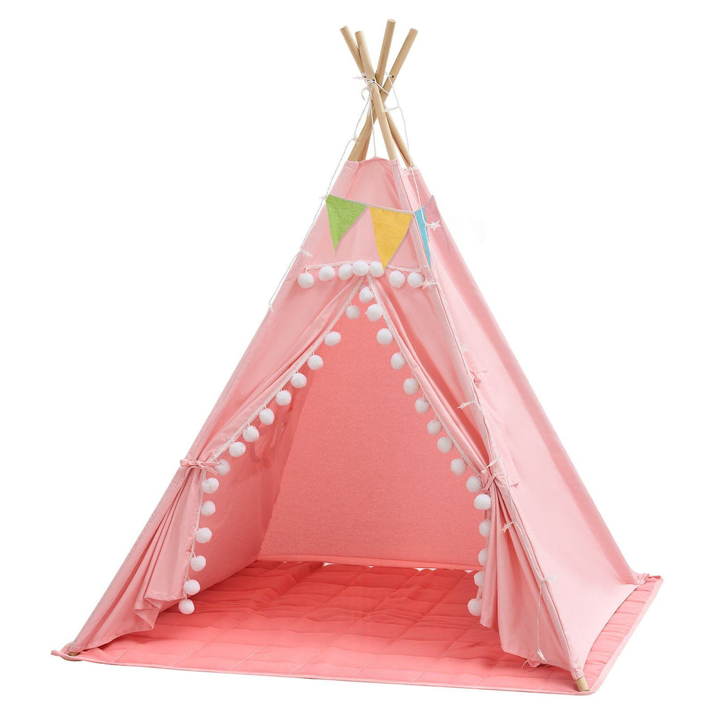 Kids Play Tent Pine Wood Teepee Tent for Kids Cotton Canvas Pink, for Toddlers Girls Boys Play, Indoor & Outdoor, with Padded Mat, Stars Lights, Carry Bag, Flag, Breathable Window, Pompom