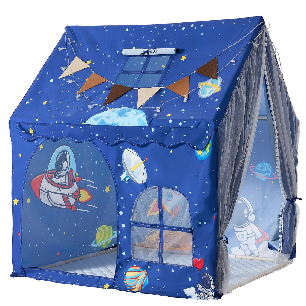 Kids Play Tent PVC Frame Playhouse for Kids with Padded Mat Blue, for Toddlers Girls Boys, Indoor & Outdoor, Reading Nook Nap Bed Tent, with Stars Lights, Carry Bag, Flag, Breathable Window