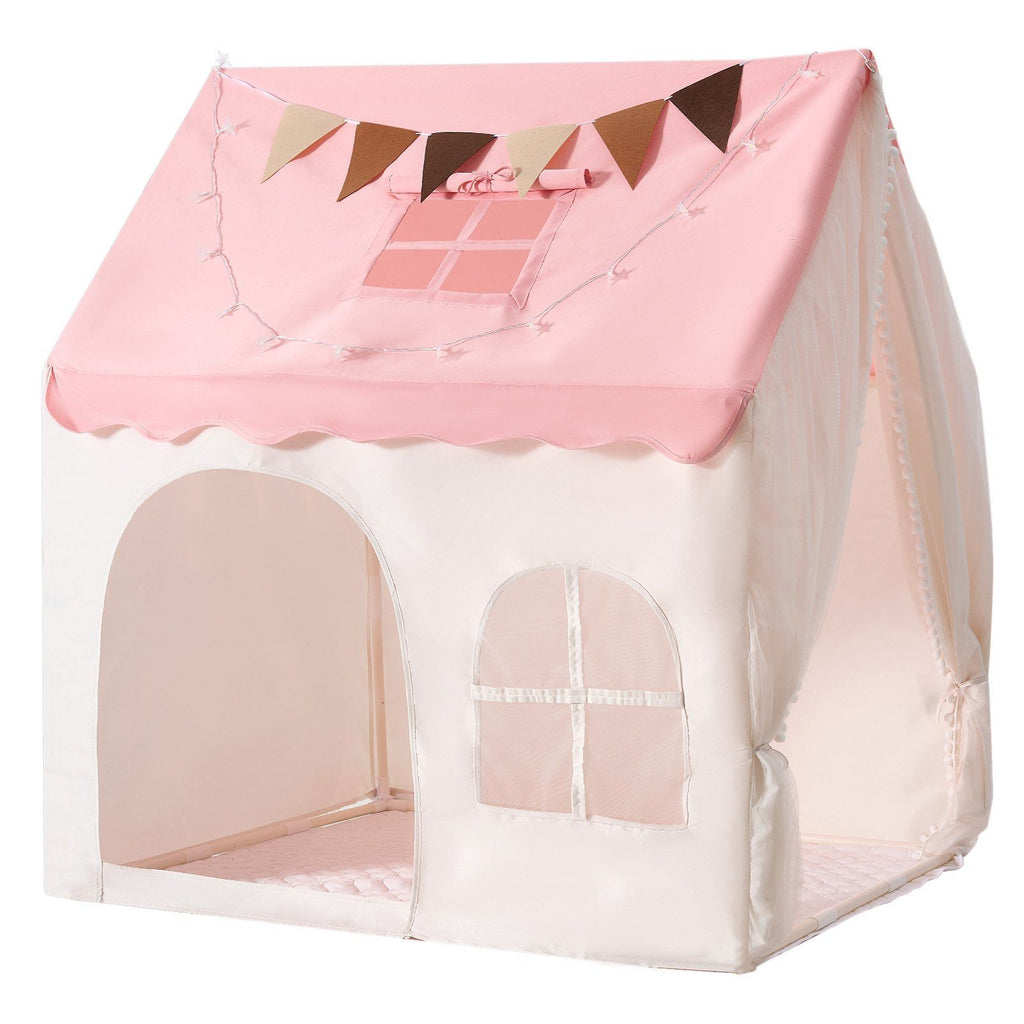 Kids Play Tent PVC Frame Playhouse for Kids with Padded Mat Pink, for Toddlers Girls Boys, Indoor & Outdoor, Reading Nook Nap Bed Tent, with Stars Lights, Carry Bag, Flag, Breathable Window