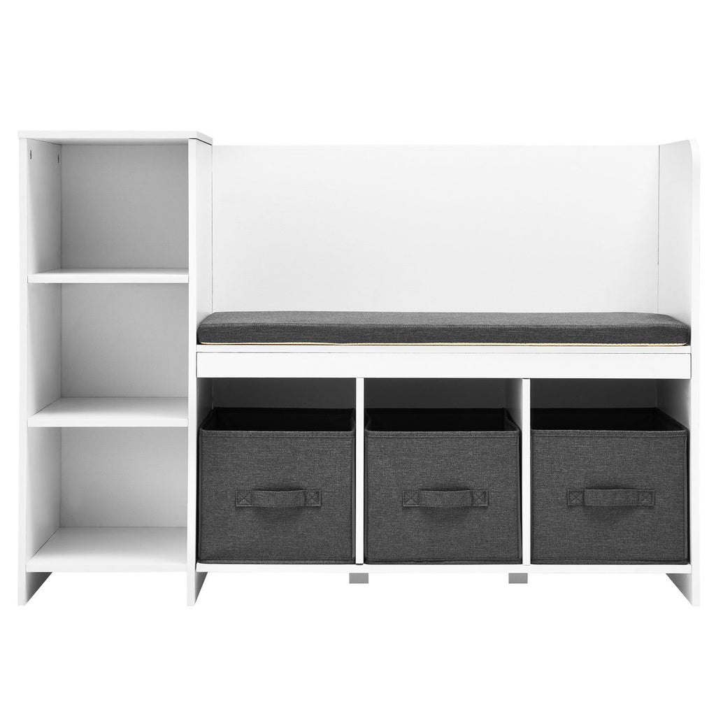 Kids Reading Nook Bench, Toddler Bookshelf and Bookcase with Detachable Seat Cushion, 6-Cubby Storage Organizer Bench with 3 Drawers, Ideal for Playroom, Bedroom, Living Room or Entryway, White