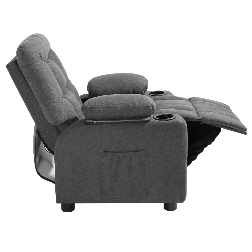Kids Recliner Chair, Toddler Lounger with Cup Holders & Pockets, 107° to 126° Adjustable Back, Breathable Polyester Upholstery Reclining Sofa with Foot-rest, for Boys and Girls, Children (Gray)