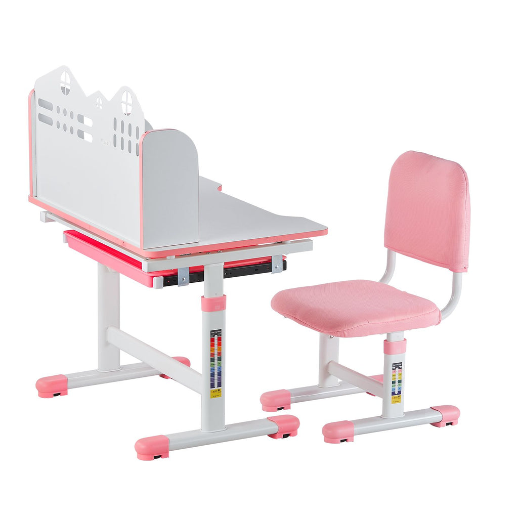 Kids Study Chair and Desk Set, Study Desk and Chair for Kids with Bookshelf and Storage Drawer, Adjustable Height Kids Study Desk with Chair, Children Study Table for Bedroom & Study Room, Pink