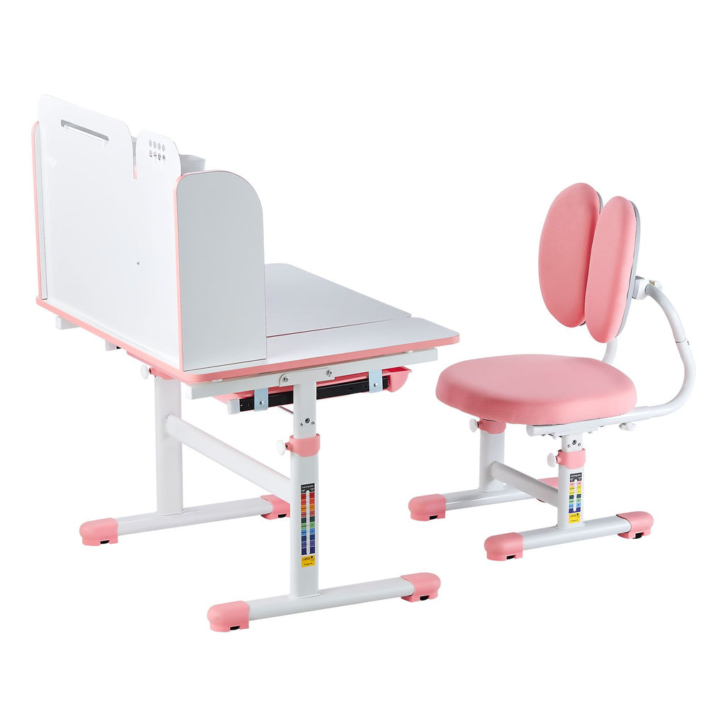 Kids Study Chair and Desk Set, Study Desk and Chair for Kids with Bookshelf & Storage Drawer, Adjustable Height & 0-40° Tilted Desktop Desk and Chair, Study Table for Bedroom & Study Room, Pink