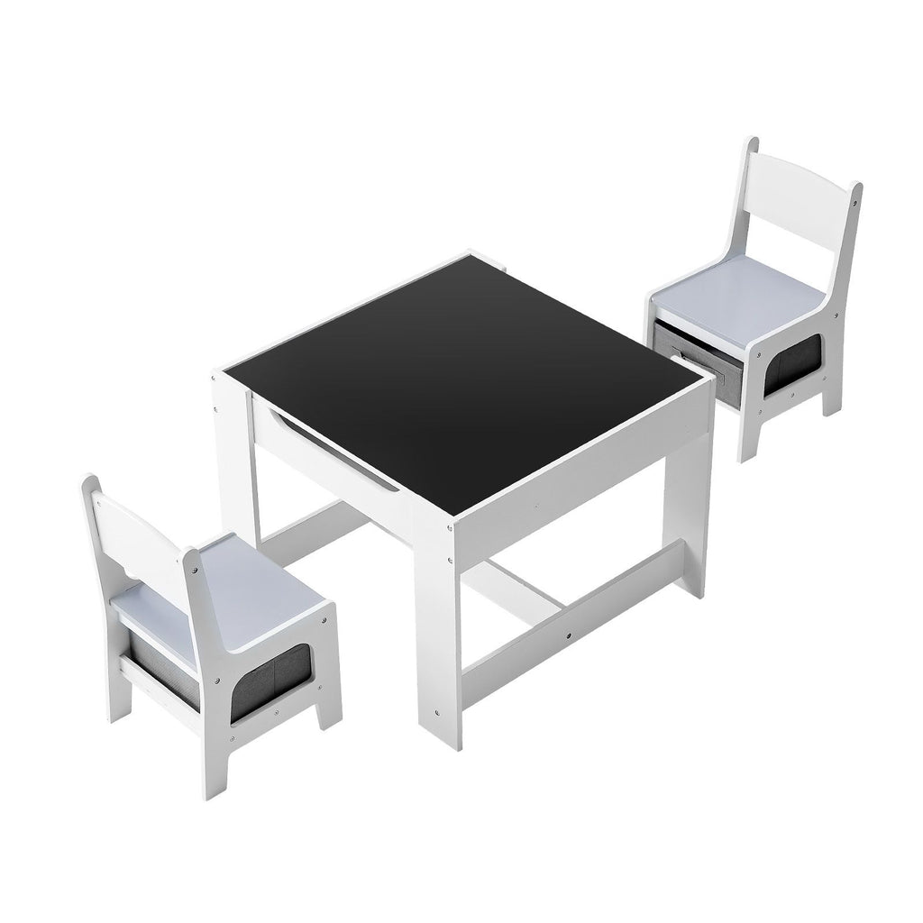 Kids Table and 2 Chairs Set, Toddler Table and Chair Set with Storage Space under the Table, Cloth Storage Box under the Chairs, Wooden Desk for Art, Craft, Reading, Learning, Drawing, White