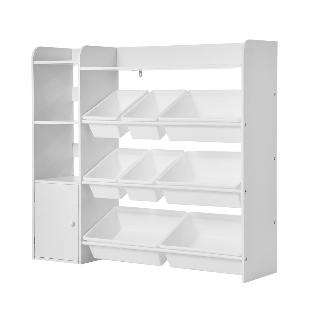 Kids Toy Storage and Bookshelf, 4-Tier Toy Storage Organizer with 8 Flexible Plastic Bins, Kids Cubby Cabinet with Bookshelf for Study Room, Bedroom, Playroom, Classroom, Nursery, White