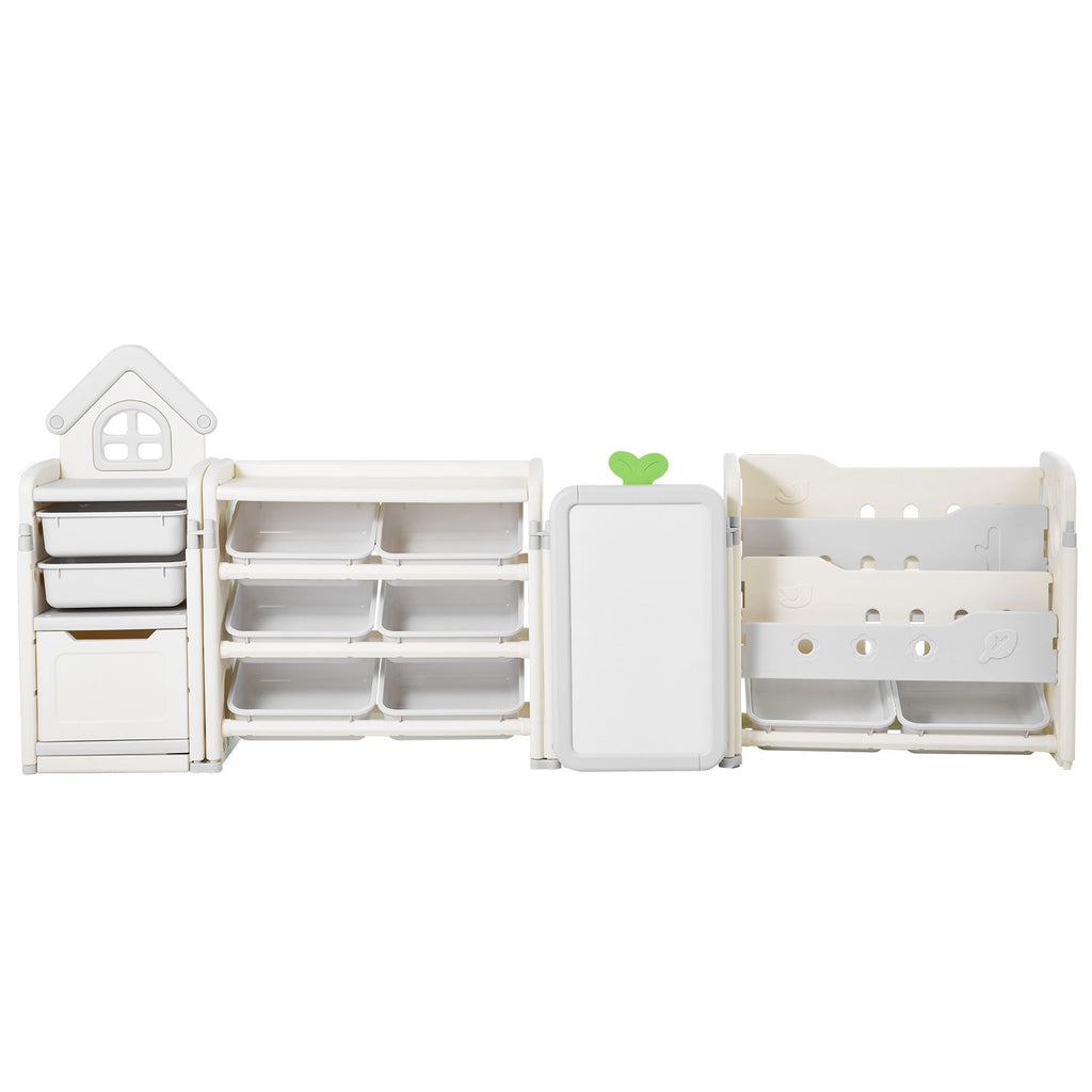 Kids Toy Storage with Bookshelf, 4-Tier Large Toy Storage Organizer with 10 Plastic Movable Bins, Kids Cubby Cabinet with Bookshelf and Drawing Board for Study Room, Playroom, Classroom, Nursery