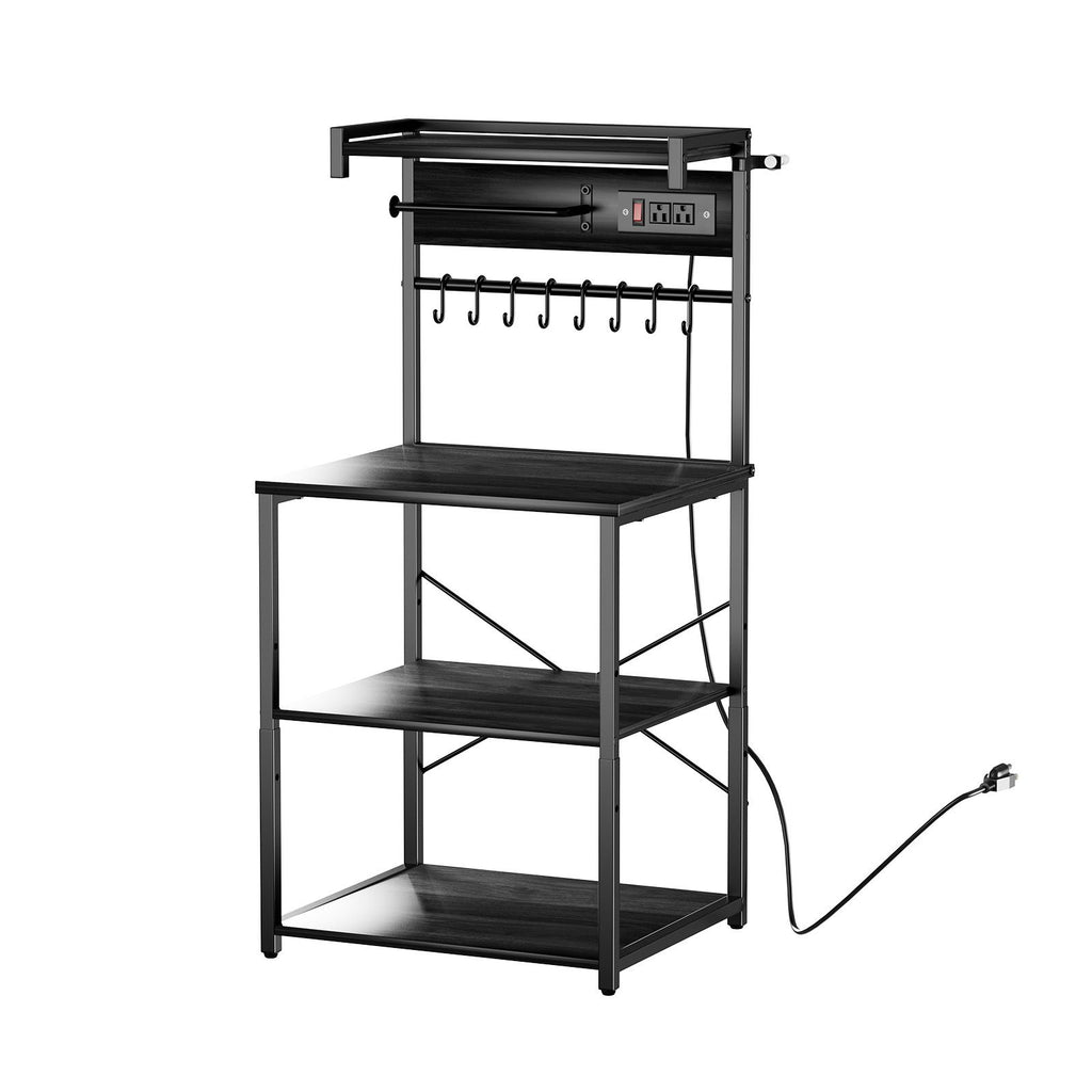 Kitchen Bakers Rack, 4.6ft Power Cable Bakers Rack with Power Outlet, Kitchen Stand with X-Shaped Support Bar, 8 S-Shaped Hooks, Coffee Bar Stand for Dishes, Spice Bottles, Built-In Power Strip
