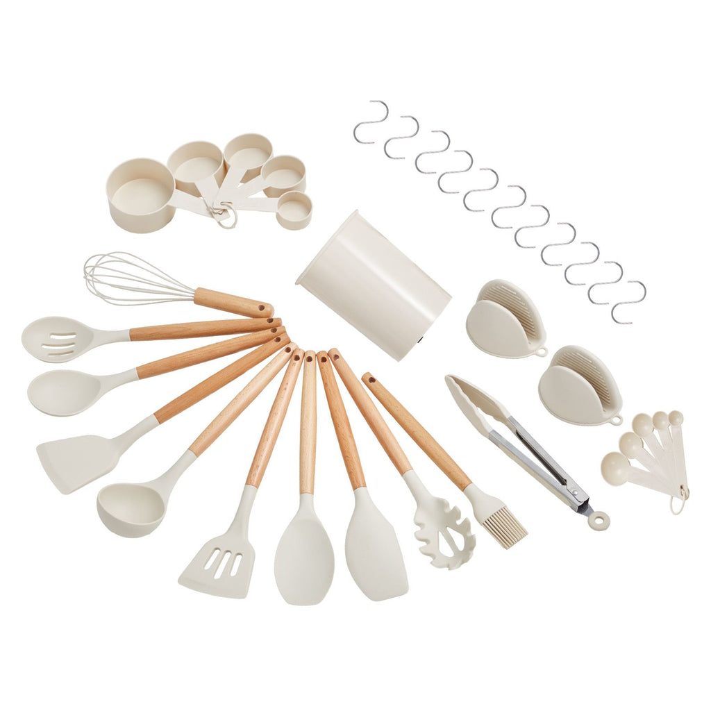 Kitchen Cooking Utensils Set, 34 PCS Silicone Spatula Set with Holder, 428 Fahrenheit Heat Resistant Gadget Spoons Tools, Wooden Handle, Silicone Gadgets Cookware, White