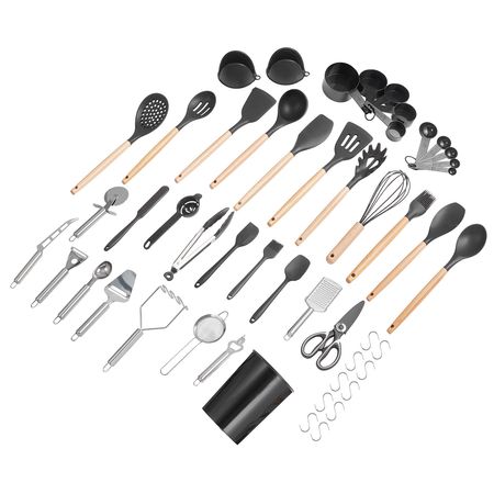 Kitchen Cooking Utensils Set, 50 PCS Silicone Spatula Set with Holder, 428 Fahrenheit Heat Resistant Gadget Spoons Tools, Wooden Handle, Silicone Gadgets Cookware, Black