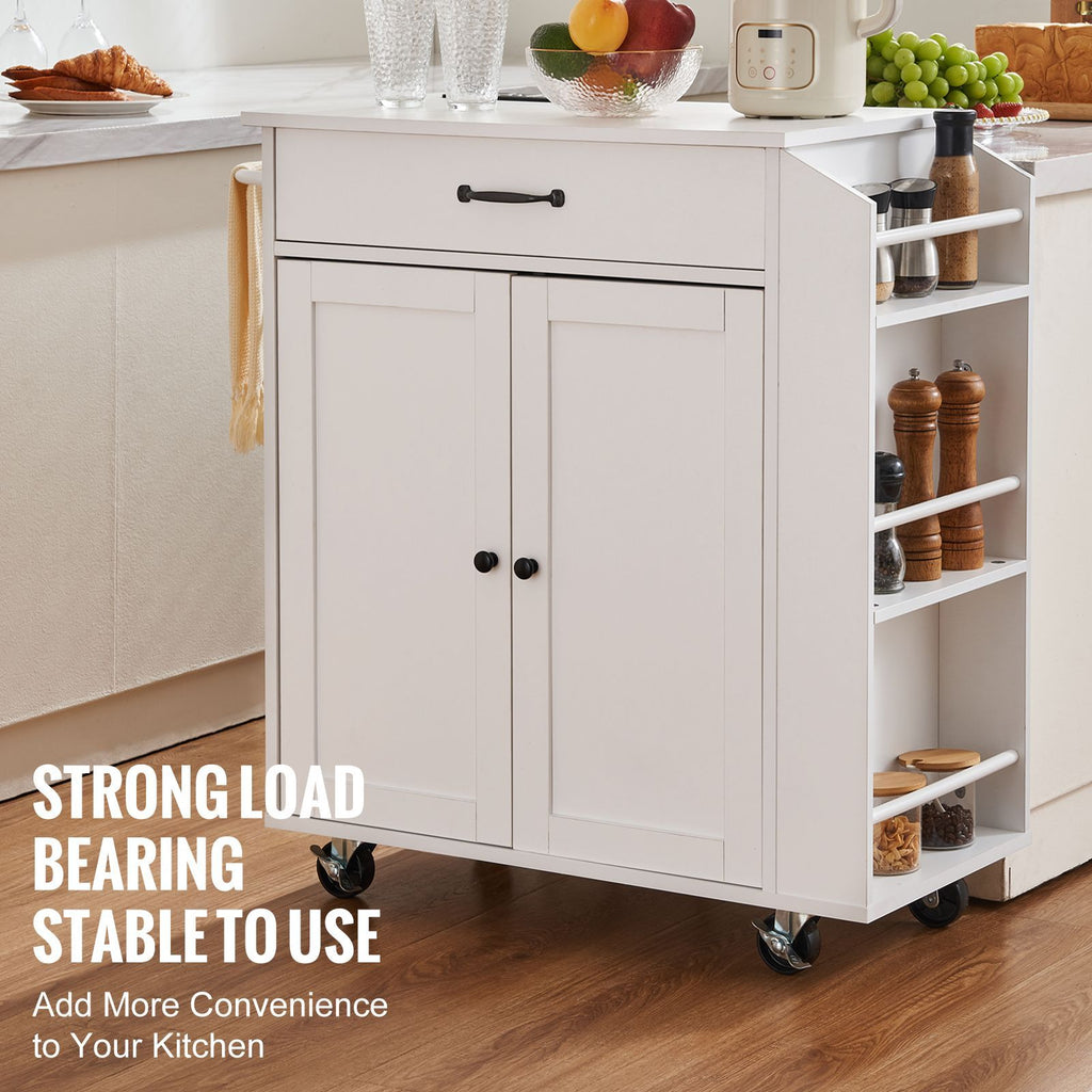 Kitchen Island Cart, 32" Mobile Carts with Storage Cabinet, Rolling Table with Power Outlet, Spice Rack, Towel Bar, Adjustable Shelf, Drawer, Dining Living Room Portable Islands on Wheels, White image 2