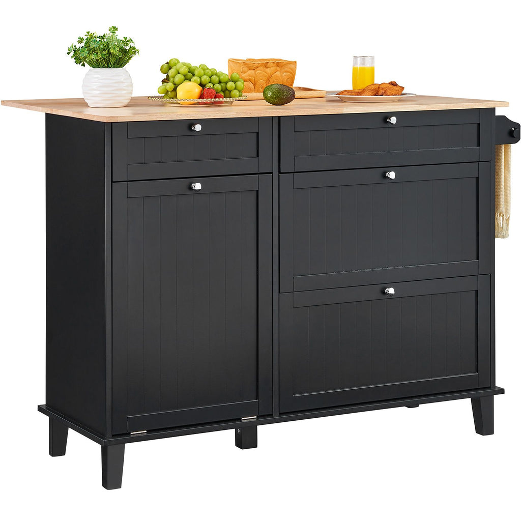 Kitchen Island Cart, 50" Wood Top Breakfast Bar with Trash Cabinet Tilt Out 10 Gallon Storage, Farmhouse Dining Living Room Table with Drop Leaf, Towel Bar, Drawer, Black image 2