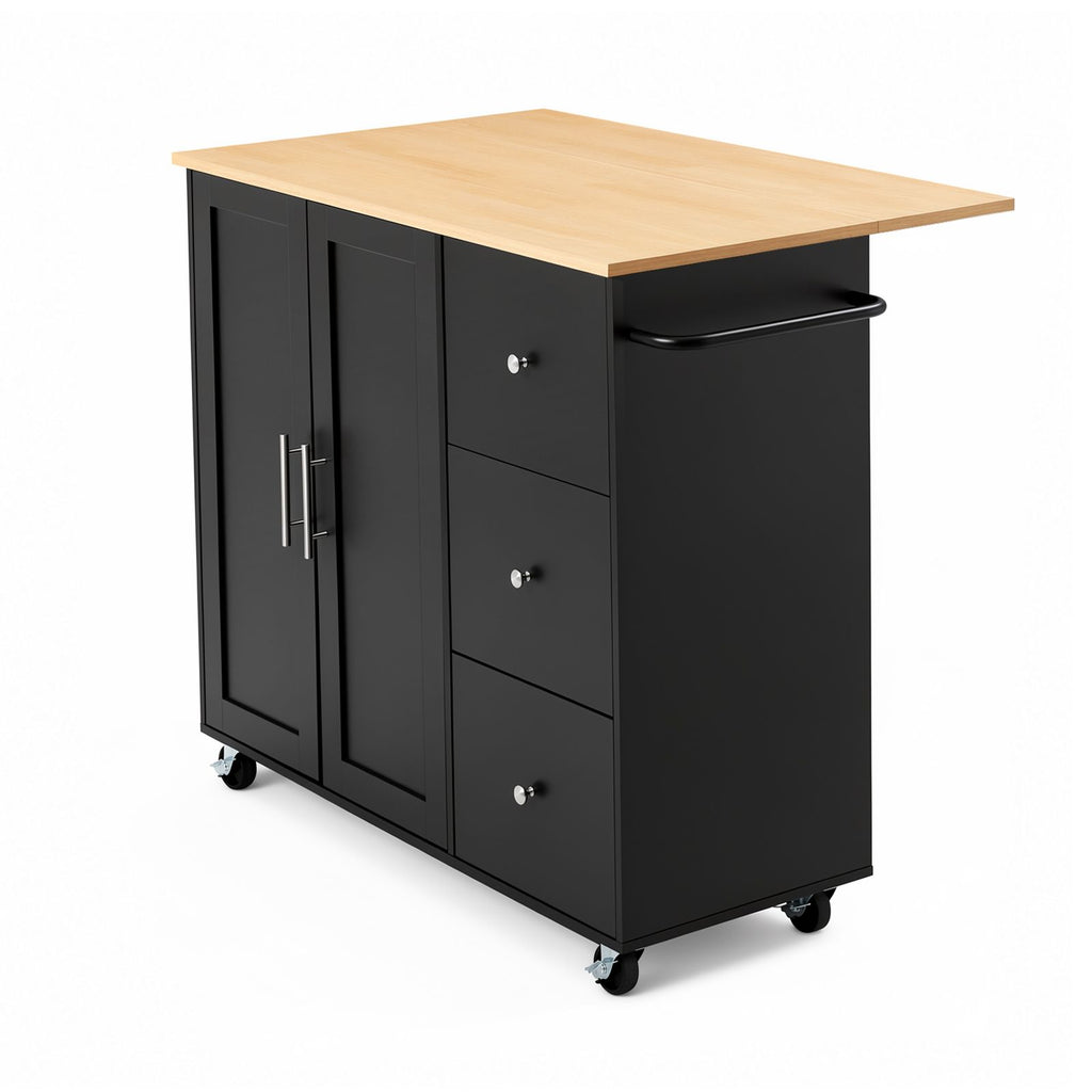 Kitchen Island Cart with Storage, 42.4 in Wide Mobile Rolling Storage Island on Swivel Wheels, with 3 Drawers, Storage Cabinet, Drop Leaf, Towel Rack, Table for Home Dining Room, Black