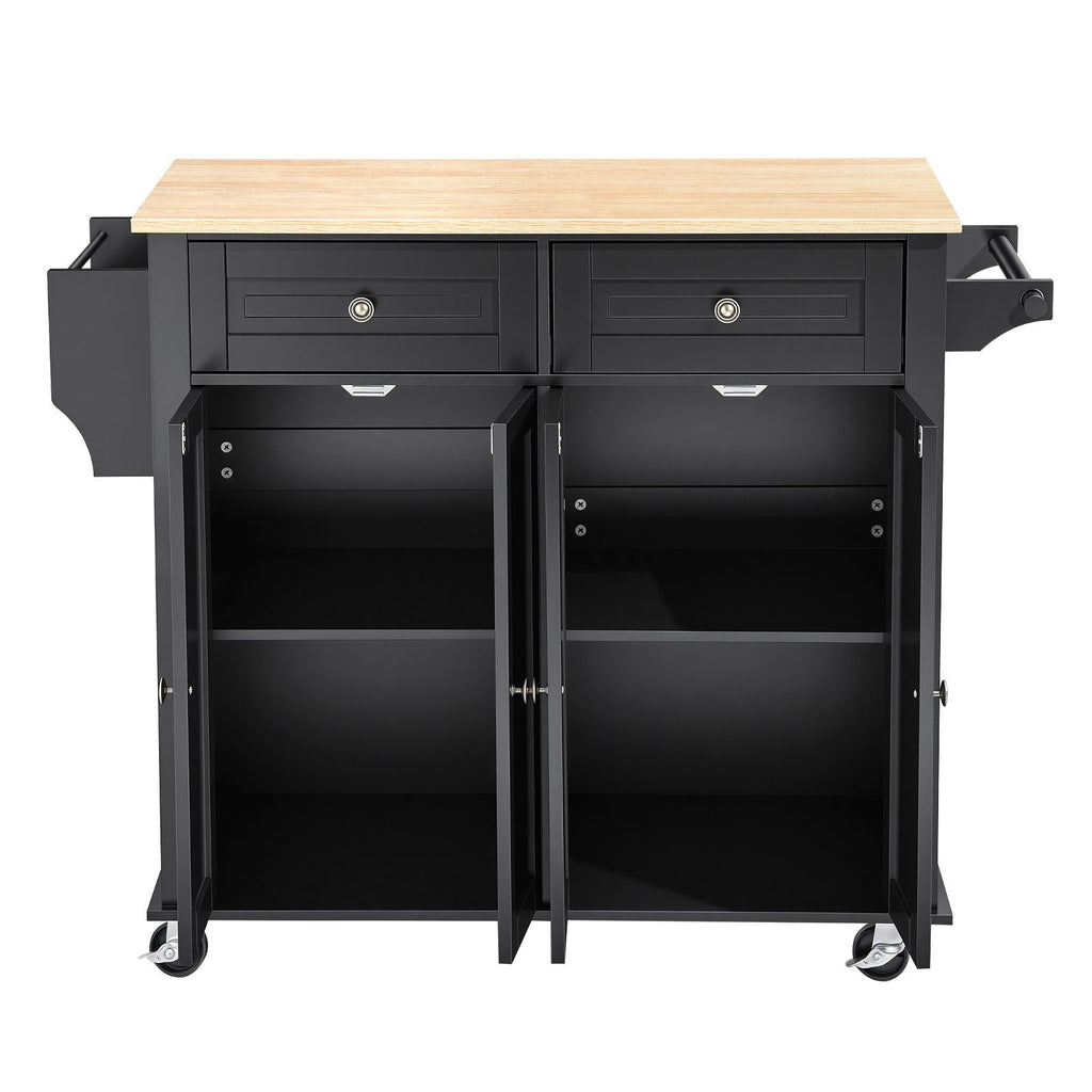 Kitchen Island Cart with Storage, 43.58 in Wide Mobile Rolling Storage Island on Swivel Wheels, with 2 Drawers, Storage Cabinet, Drop Leaf, Spice/Towel Rack, Table for Home Dining Room, Black