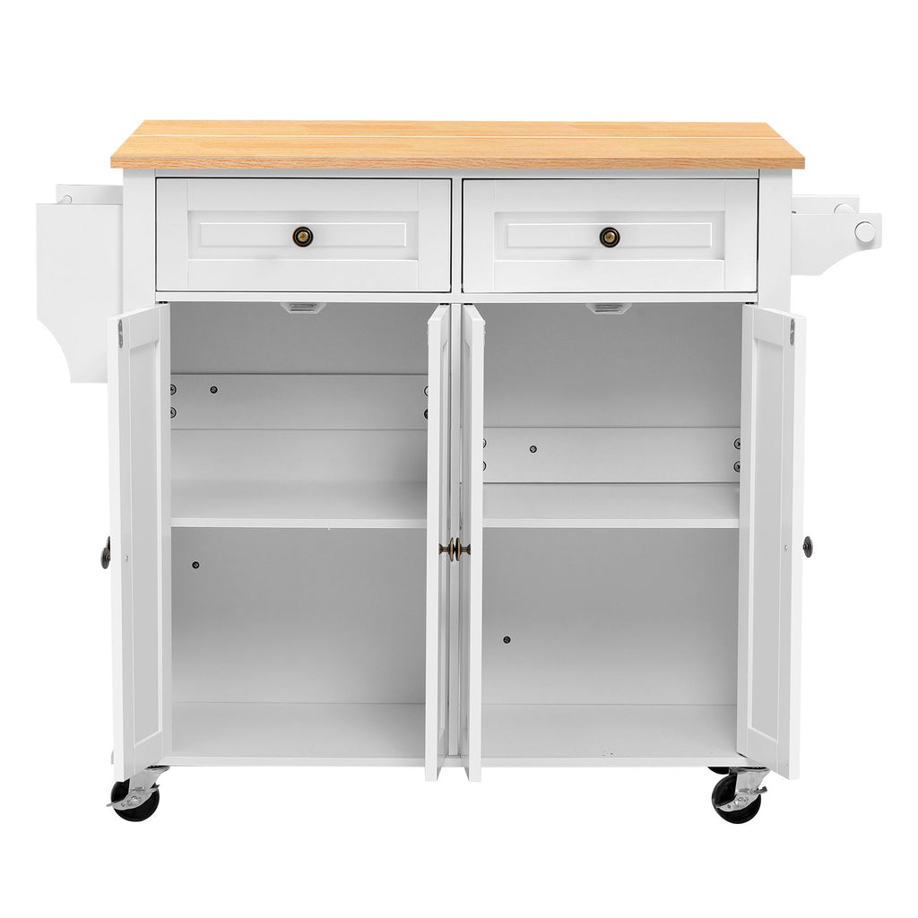 Kitchen Island Cart with Storage, 43.58 in Wide Mobile Rolling Storage Island on Swivel Wheels, with 2 Drawers, Storage Cabinet, Drop Leaf, Spice/Towel Rack, Table for Home Dining Room, White