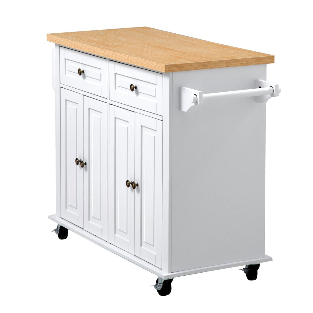 Kitchen Island Cart with Storage, 43.7 in Wide Mobile Rolling Storage Island on Swivel Wheels, with 2 Drawers, Storage Cabinet, Spice/Towel Rack, Hooks, Table for Home Dining Room, White