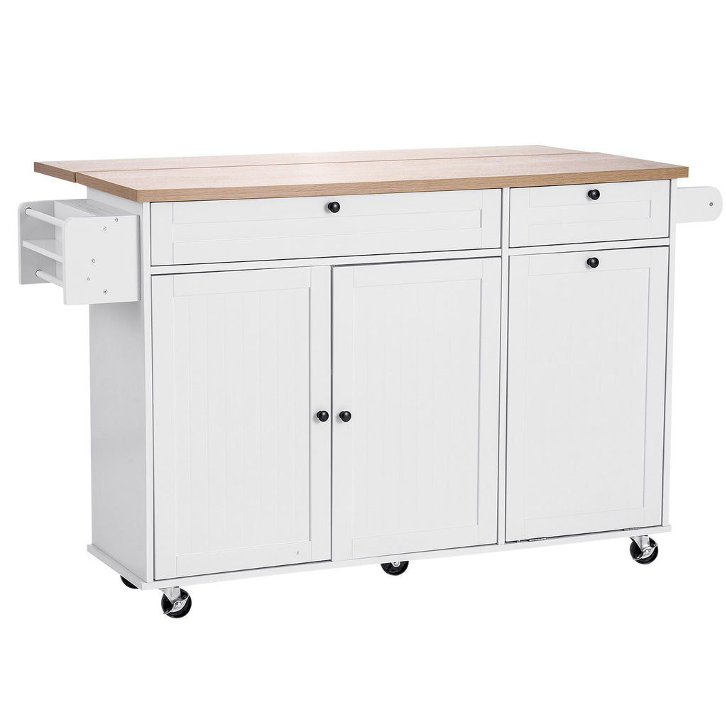 Kitchen Island Cart with Storage, 60in Wide Mobile Kitchen Cart with Wheels, Drop Leaf, 2 Drawers, Trash Can Cabinet, Knife Holder, Spice Rack, and Towel Rack, Table for Dining Room, Pantry