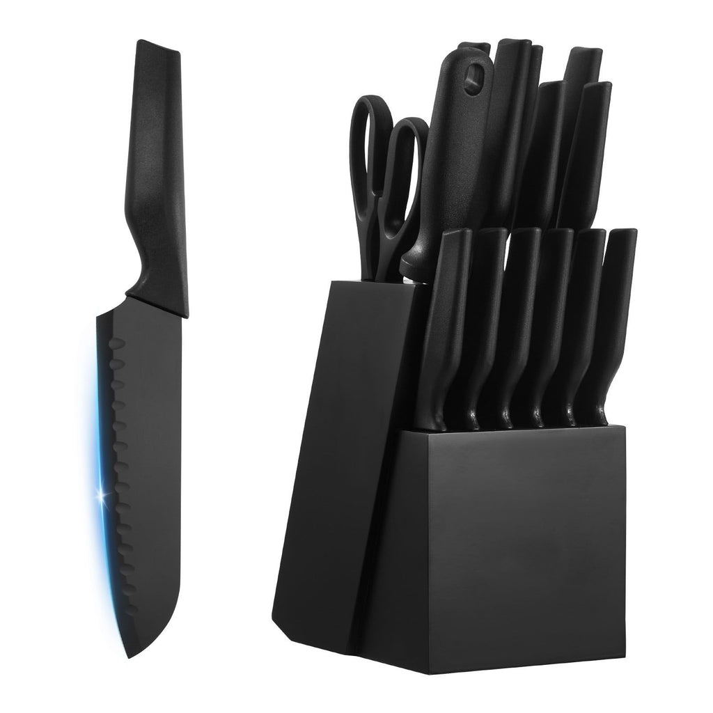 Kitchen Knife Set with Block and Sharpener, 15 Piece German High Carbon Stainless Steel Knife Set, Kitchen Cutlery with PP Ergonomic Handle, Sharpening Rod and Wooden Block, for Home Cooks