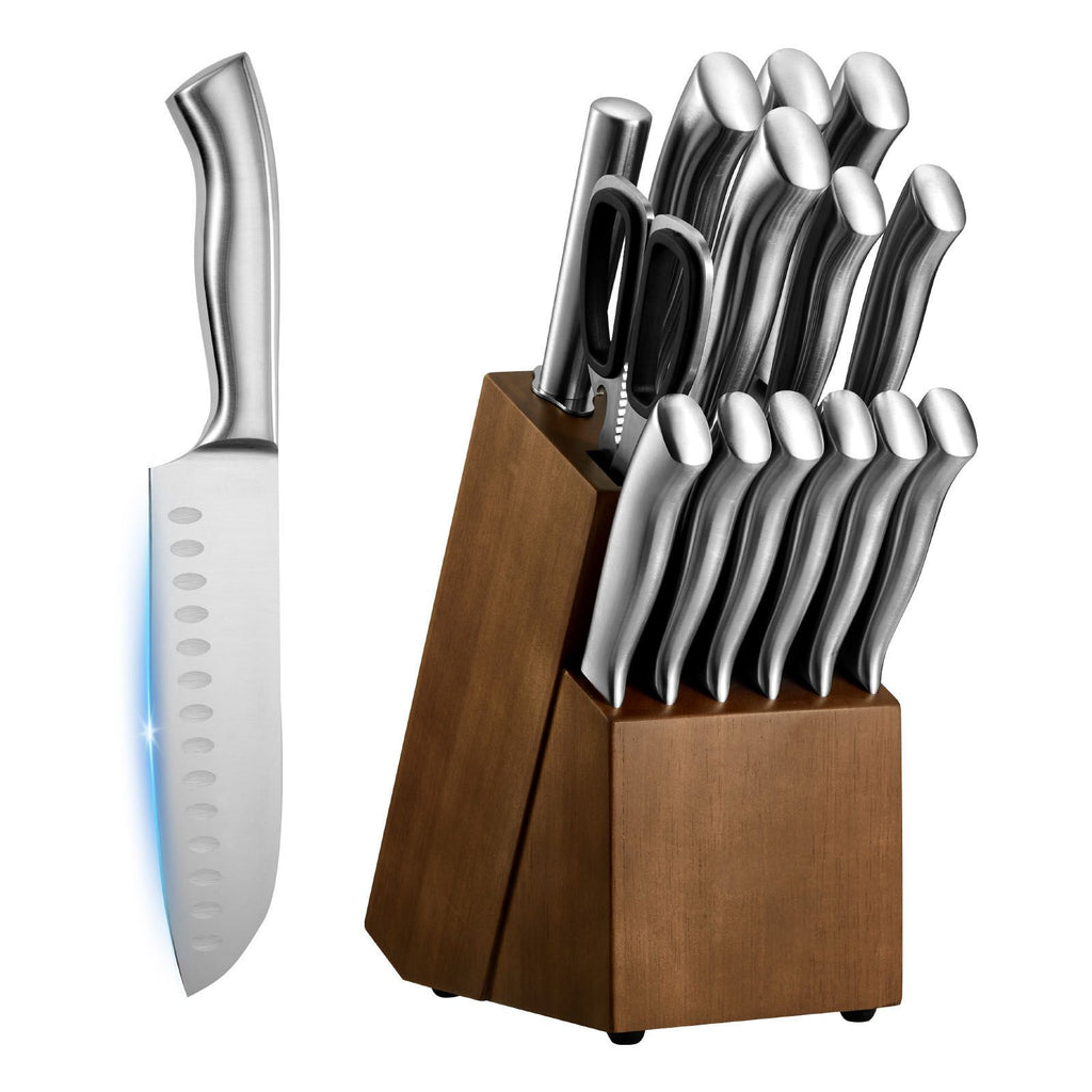 Kitchen Knife Set with Block and Sharpener, 15 Piece German High Carbon Stainless Steel Sharp Knife Set, Kitchen Cutlery with Ergonomic Handle, Sharpening Rod and Wooden Block, for Home Cooks