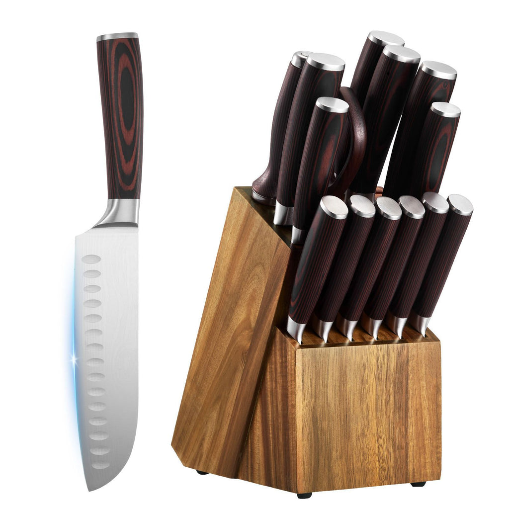 Kitchen Knife Set with Block and Sharpener, 15 Piece High Carbon Stainless Steel Knife Set, Rust-Resistant Kitchen Cutlery with Ergonomic Handle, Sharpening Rod & Premium Wooden Block, for Home