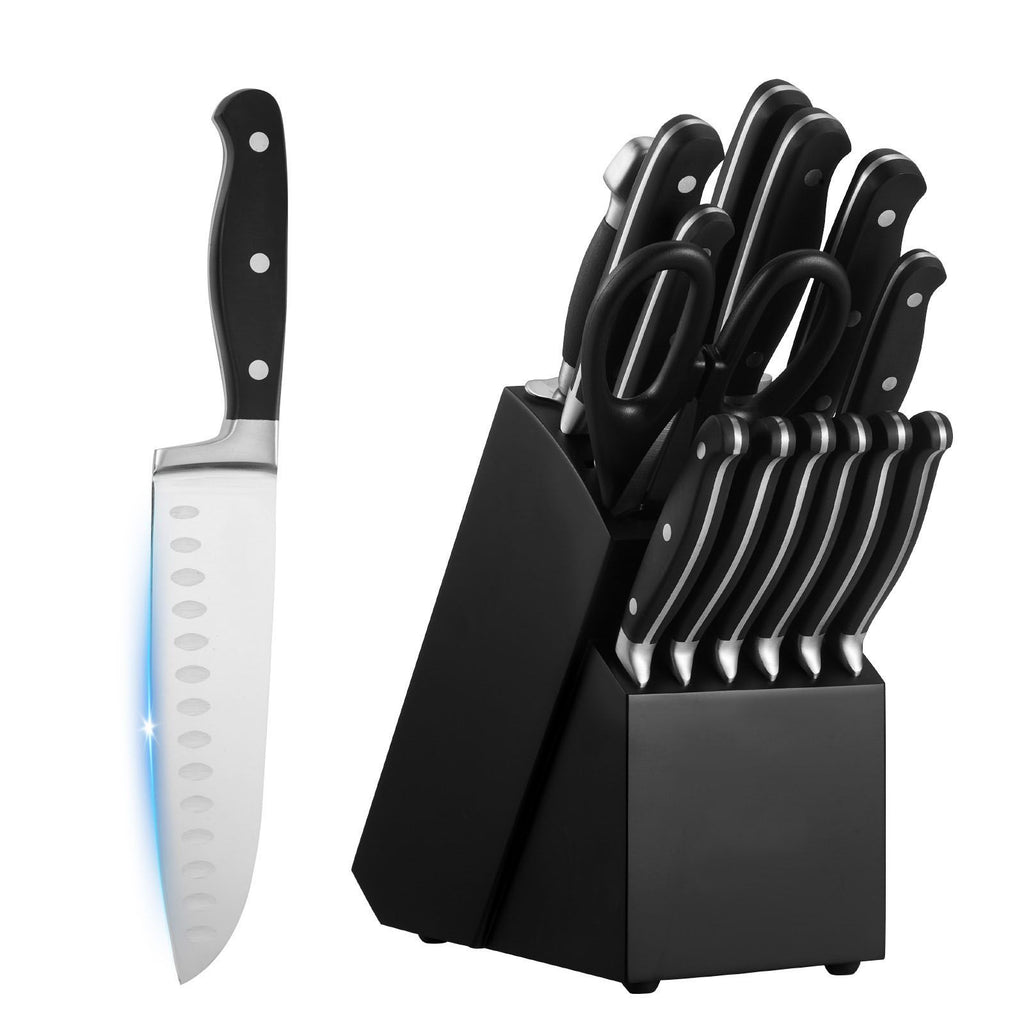Kitchen Knife Set with Block and Sharpener, 15 Piece High Carbon Stainless Steel Sharp Knife Set, Kitchen Cutlery with Crack-Resistant Handle, Sharpening Rod and Wooden Block, for Home Cooks