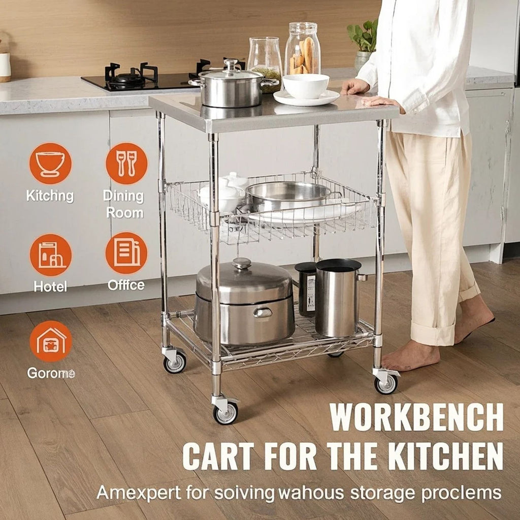 Kitchen Utility Cart, 3 Tiers, Wire Rolling Cart with 470LBS Capacity, Steel Service Cart on Wheels, Metal Storage Trolley with 76mm Basket Curved Handle PP Liner 6 Hooks, for Indoor and Outdoor