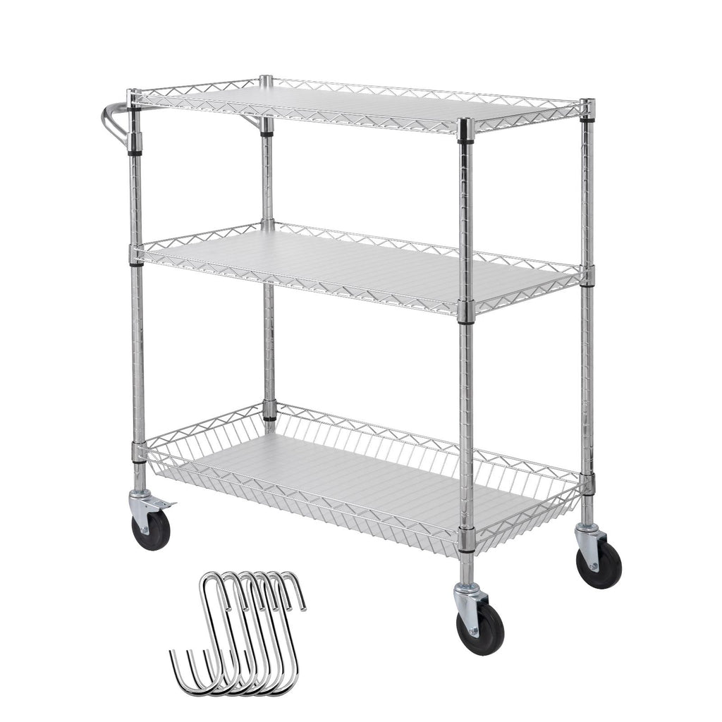 Kitchen Utility Cart, 3 Tiers, Wire Rolling Cart with 661LBS Capacity, Steel Service Cart on Wheels, Metal Storage Trolley with 80mm Basket Curved Handle PP Liner 6 Hooks, for Indoor and Outdoor