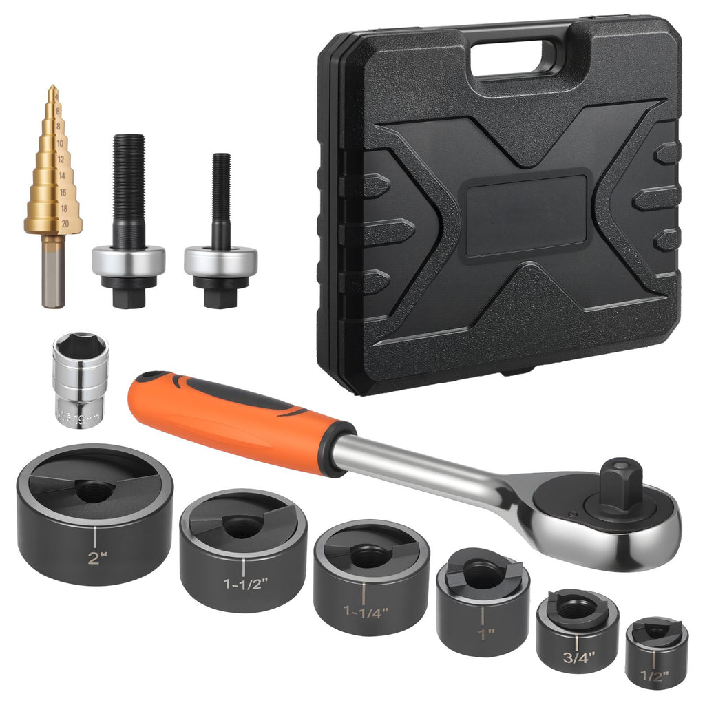 Knockout Punch Set, 1/2 to 2 inch SLUG-Buster Ratchet Knockout Set, Ratchet Wrench Knockouts Punch Sets for Aluminum, Mild steel, Fiberglass, Plastics, 6 Die Sizes, 40Cr Steel Ko Tool Kit
