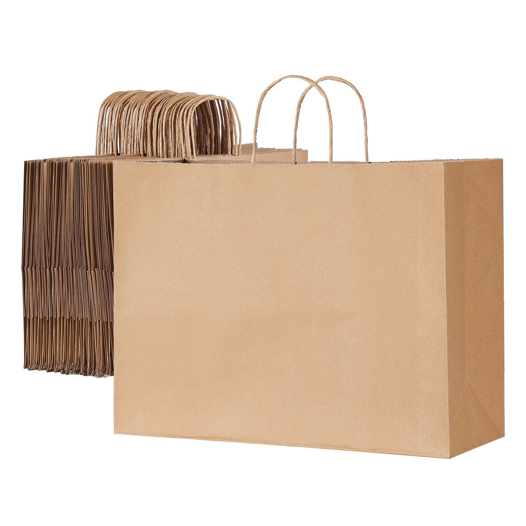 Kraft Paper Bags with Handles, 100Pcs 16 x 6 x 12 in, Large Paper Grocery Bags, Reusable & Recycled Take-Out Sacks, Plain Party Bag Bulk for Birthday, Wedding, Business, Goody, Brown