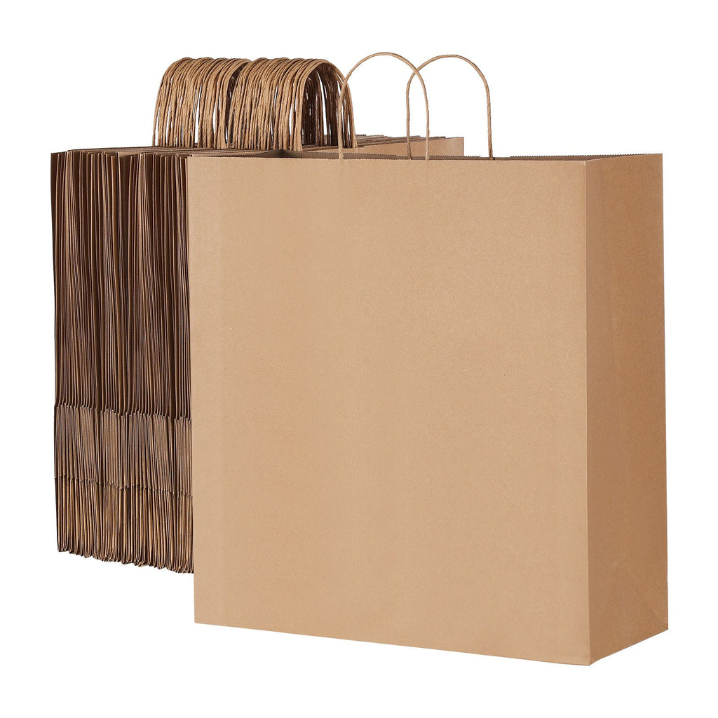 Kraft Paper Bags with Handles, 100Pcs 18 x 7 x 19 in, Large Paper Grocery Bags, Reusable & 100% Recycled Take-Out Sacks, Plain Party Bag Bulk for Birthday, Wedding, Business, Goody, Brown
