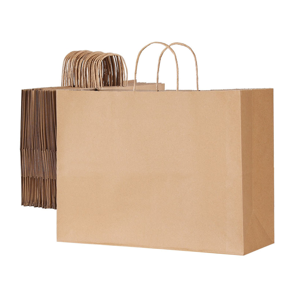 Kraft Paper Bags with Handles, 50Pcs 16 x 6 x 12 in, Large Paper Grocery Bags, Reusable & Recycled Brown Take-Out Sacks, Plain Party Bag Bulk for Birthday, Wedding, Business, Goody, Craft